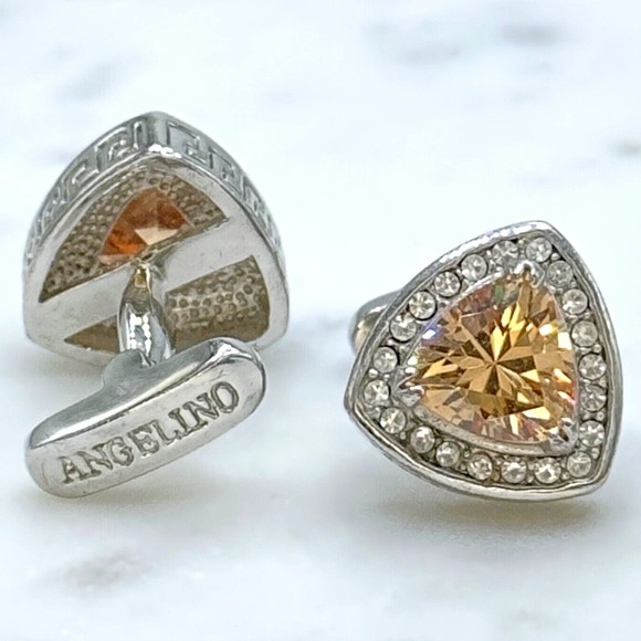 Angelino Silver Tone Orange Rhinestone Meander Border Greek Motif Cufflinks - Picture 2 of 11